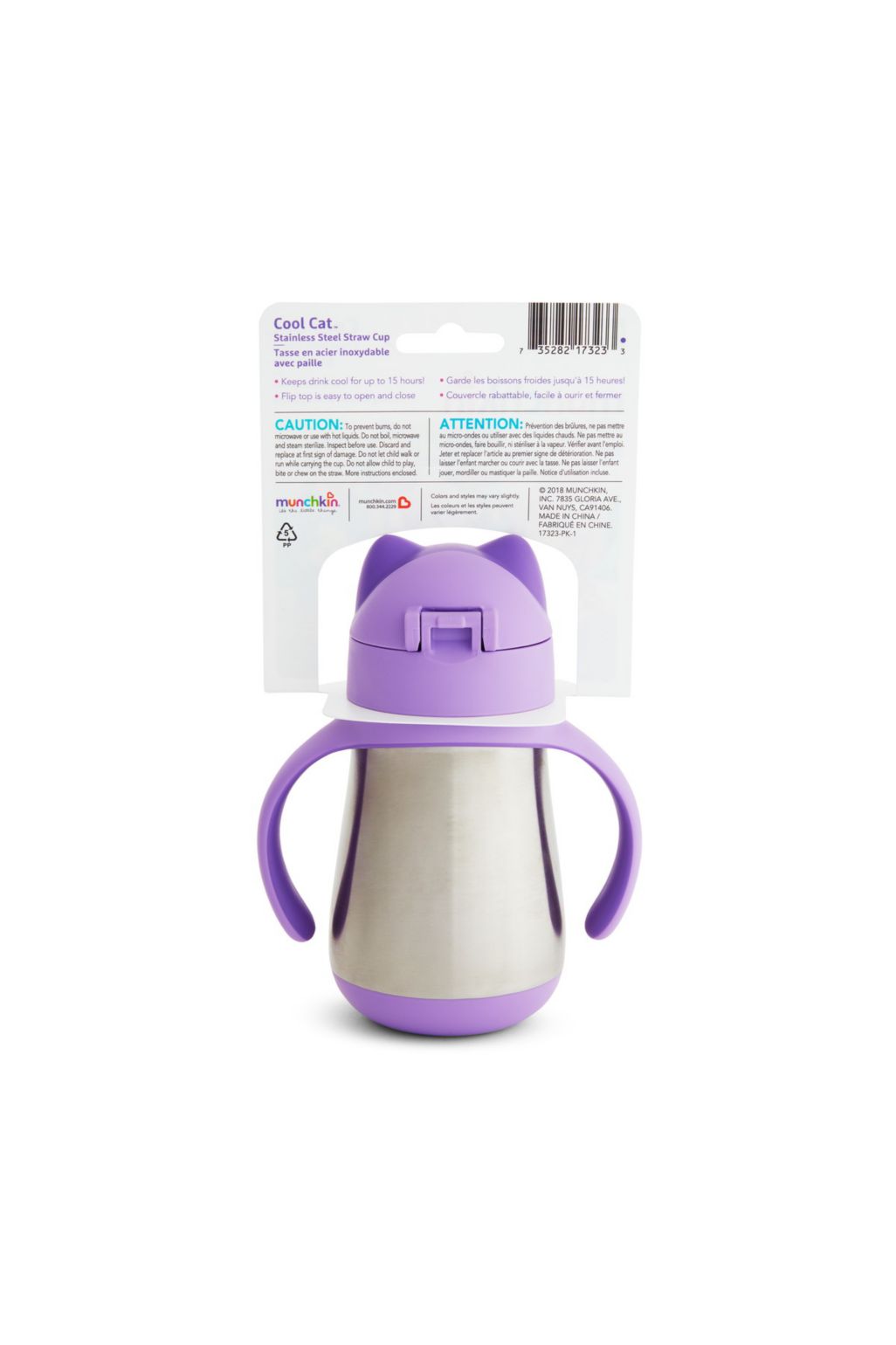 Produktbild von Munchkin Cool Cat Edelstahl-Trinkbecher Für Kids – Auslaufsicher, Hält Warm/kalt, Mit Süßem Katzenohr-Design