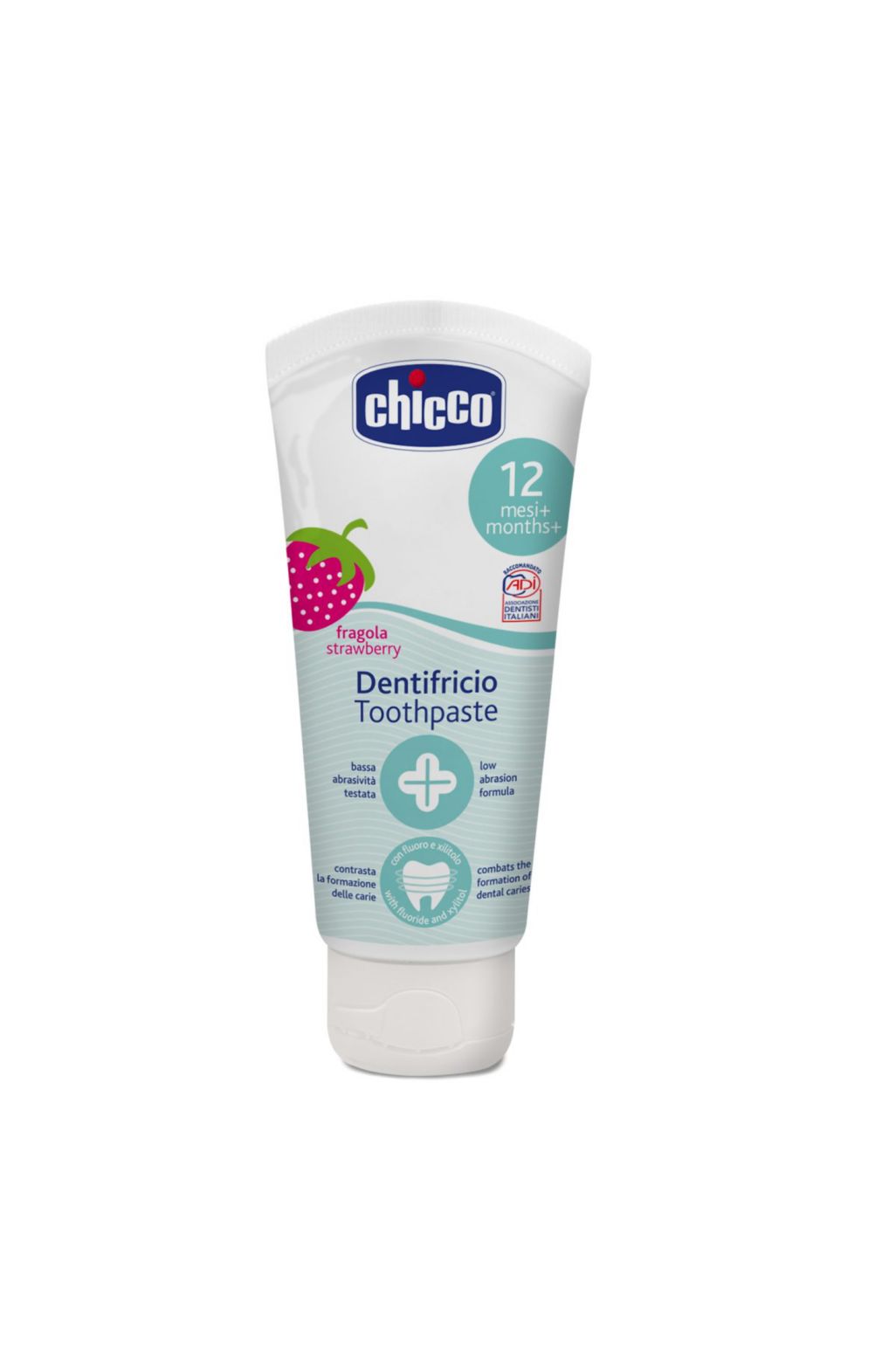 pastă de dinți chicco cu căpșuni și fluor 12+ luni - 50 ml