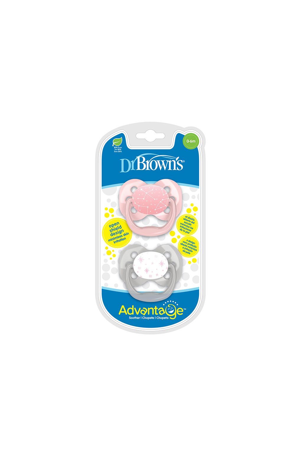 Suzeta Dr. Brown's Advantage, etapa 1 (pachet de 2) - stele roz