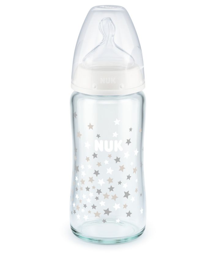 Nuk First Choice Plus Temperature Control Γυάλινο Μπιμπερό 240ml 0-6 μηνών - white stars