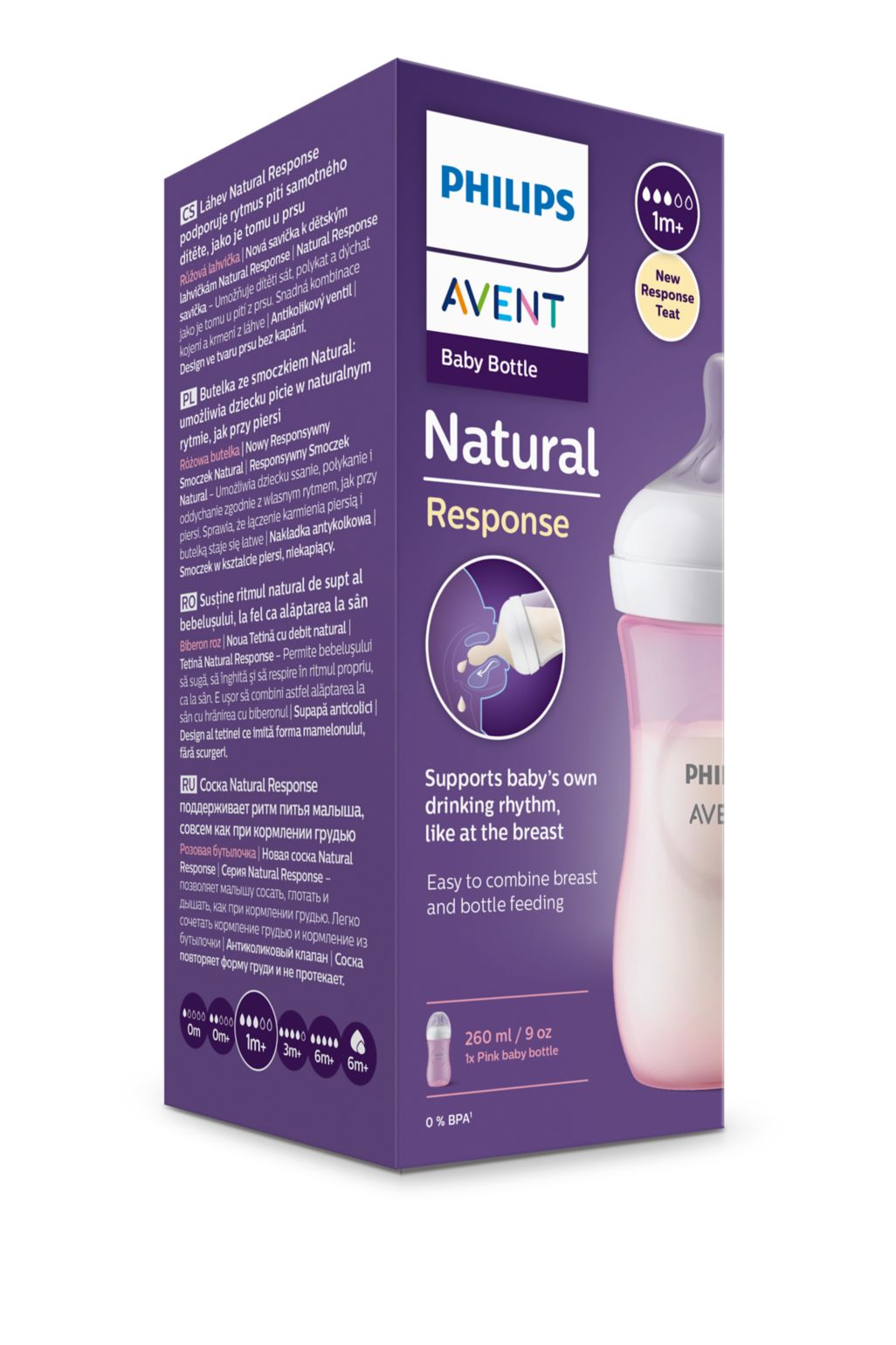 Avent Natural Response, biberon PP 1 lună+, 260ml - roz