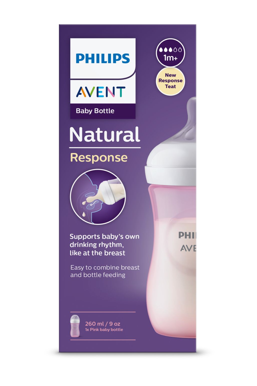 Avent Natural Response, biberon PP 1 lună+, 260ml - roz