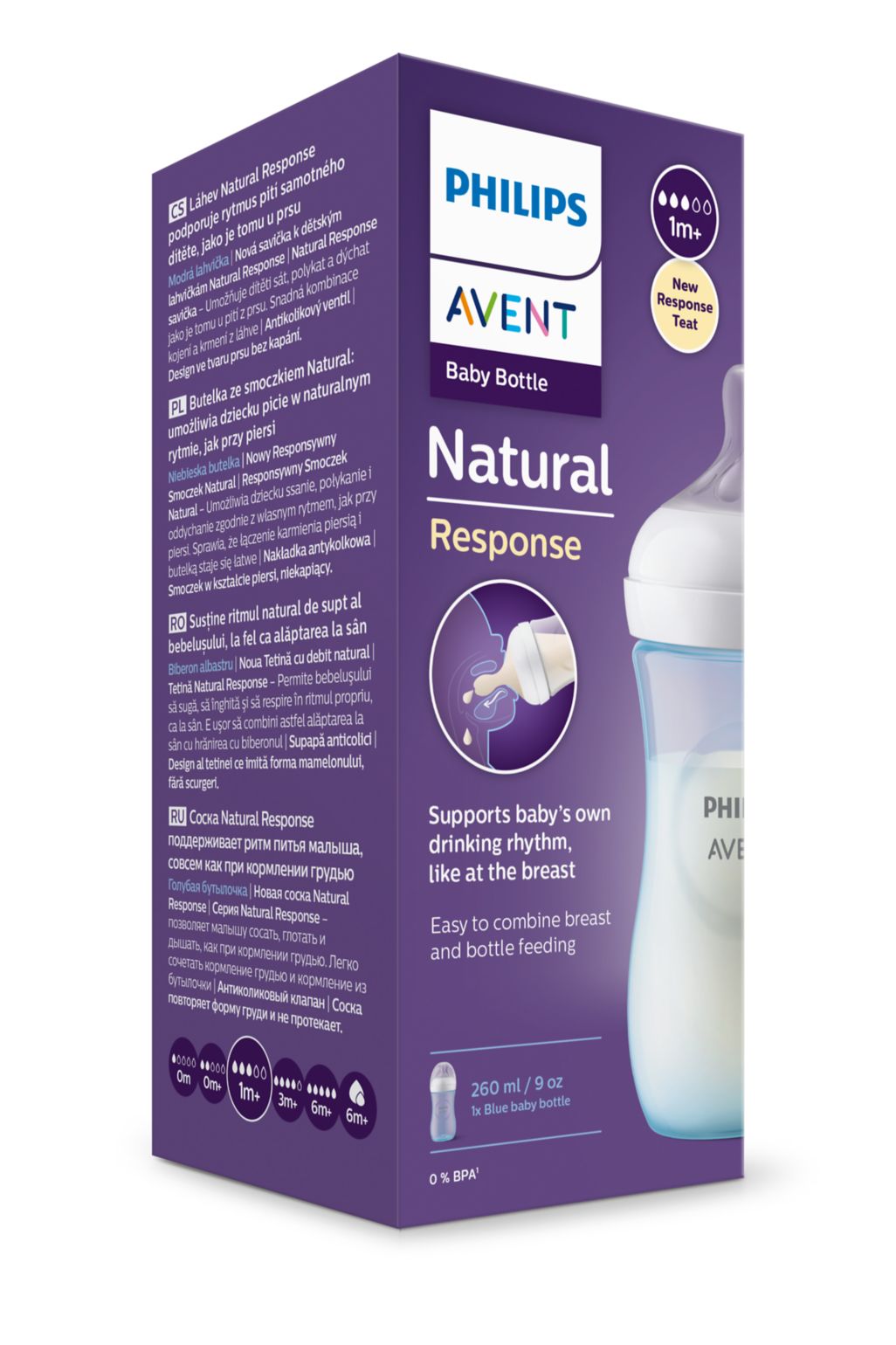 Avent Natural Response, biberon PP 1 lună+, 260ml - albastru
