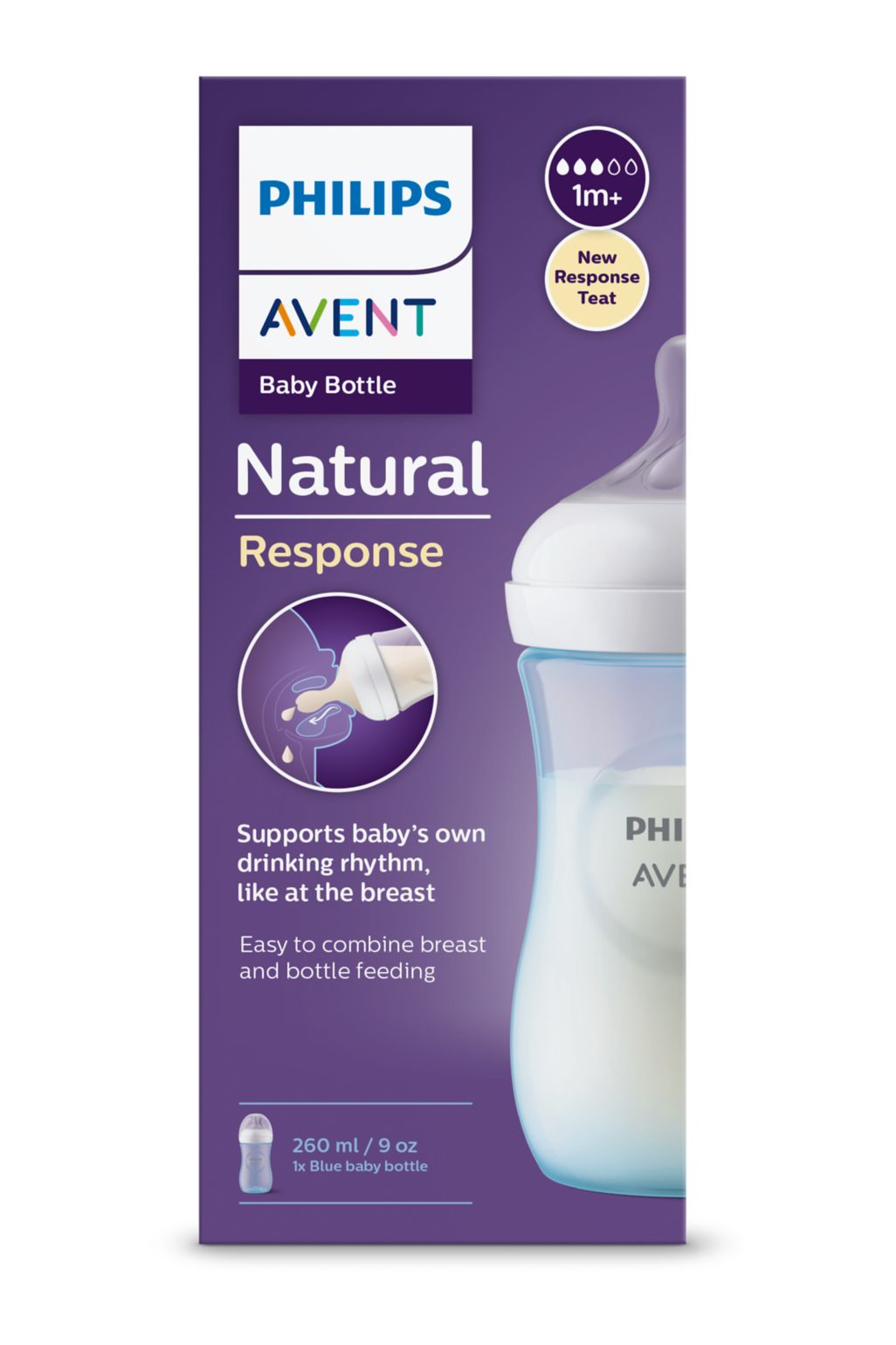 Avent Natural Response, biberon PP 1 lună+, 260ml - albastru
