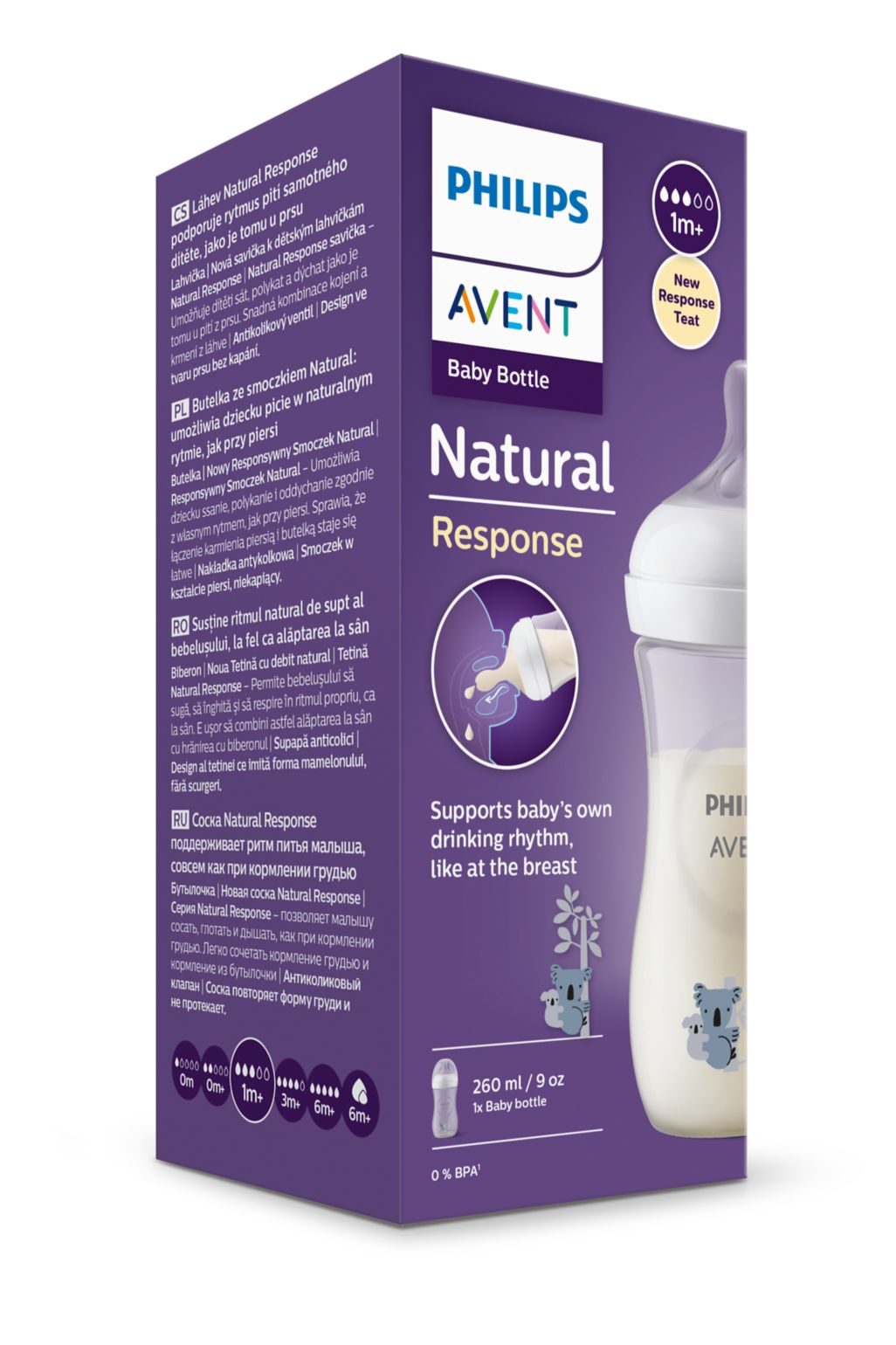 Avent Natural Response, biberon PP 1 lună+, 260ml - model koala