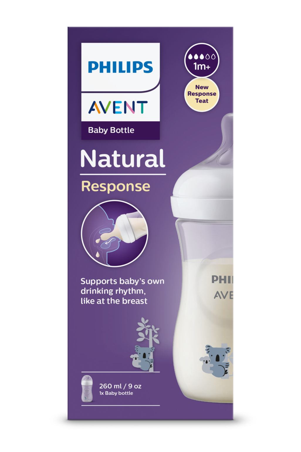 Avent Natural Response, biberon PP 1 lună+, 260ml - model koala