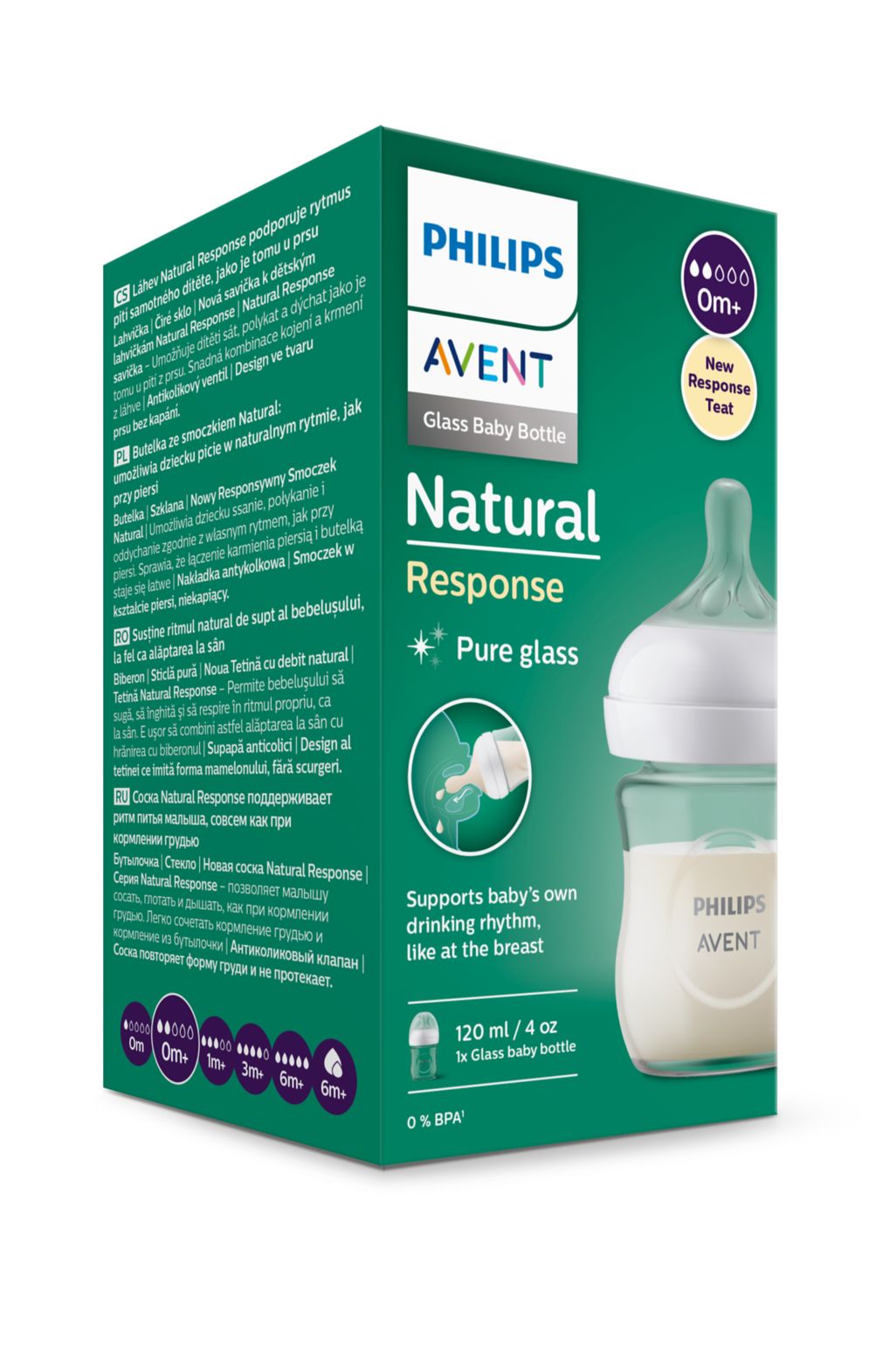Avent Natural Response, biberon de sticlă, 120ml, tetină 0 luni+