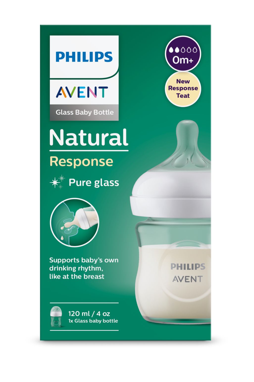 Avent Natural Response, biberon de sticlă, 120ml, tetină 0 luni+