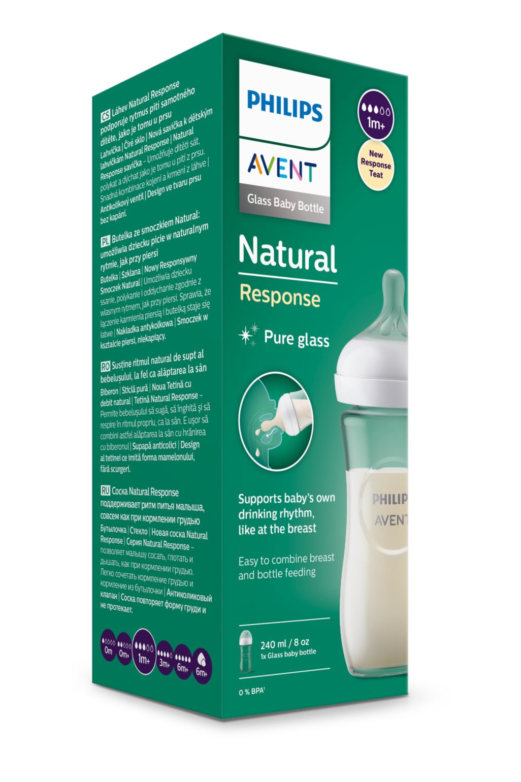 Avent Natural Response, biberon de sticlă, 240ml, tetină 1 lună+