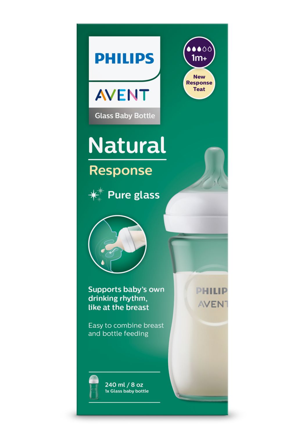 Avent Natural Response, biberon de sticlă, 240ml, tetină 1 lună+
