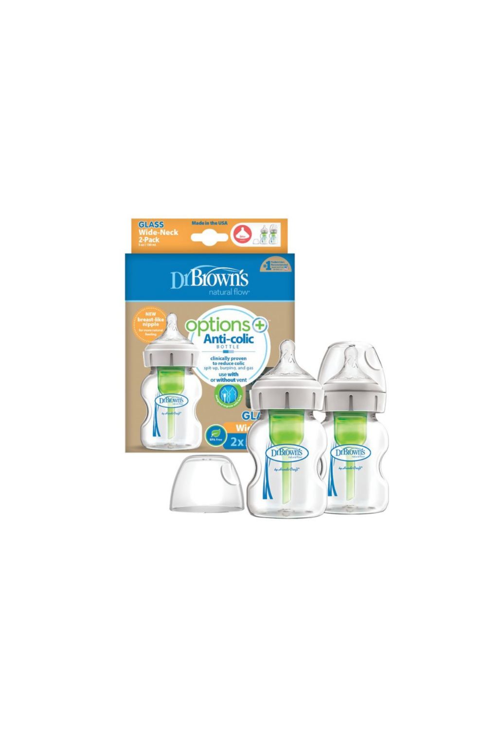 Set sticle de sticlă Dr. Brown's Options+, 2 piese cu gât larg, 150ml
