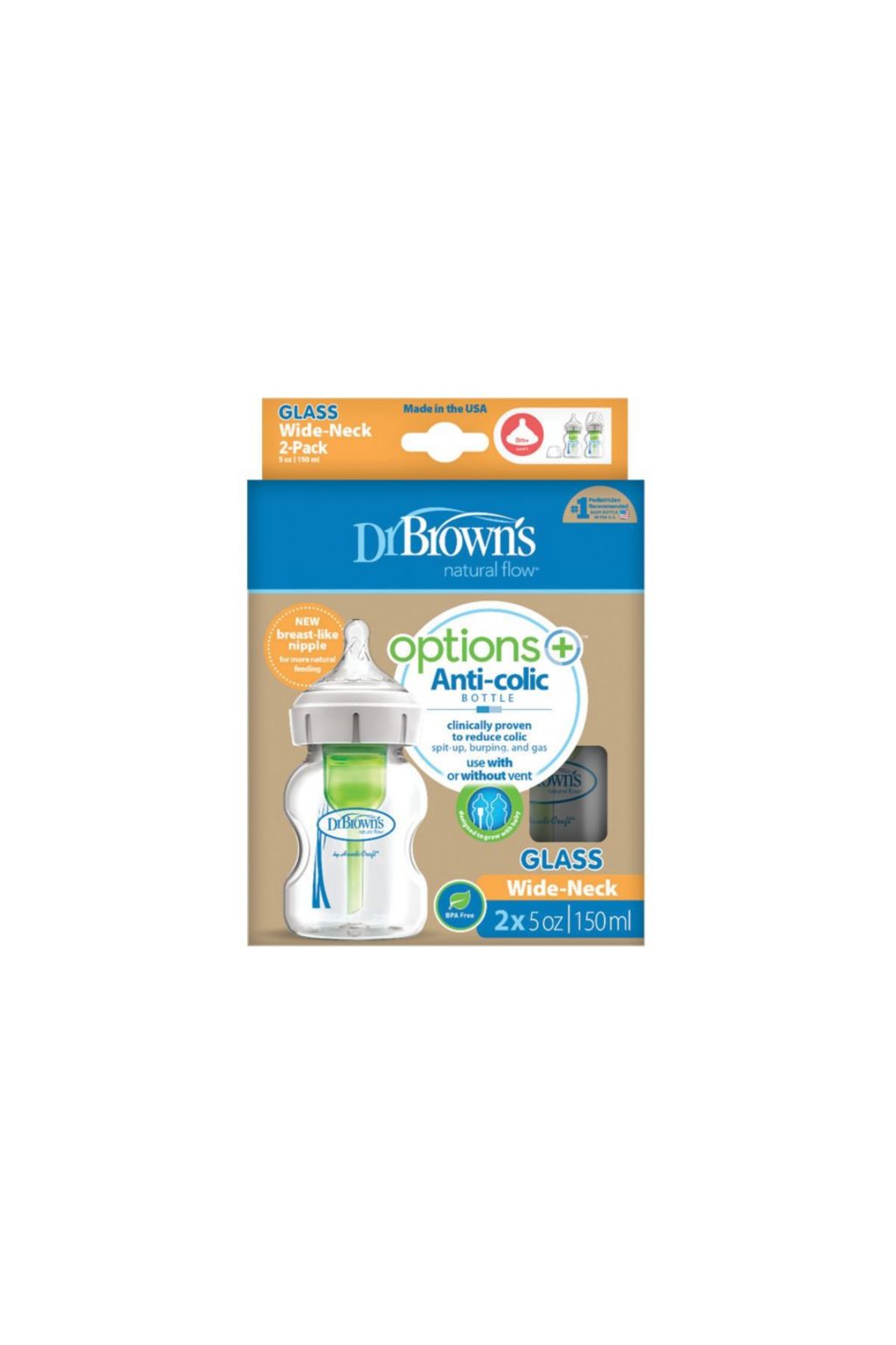Set sticle de sticlă Dr. Brown's Options+, 2 piese cu gât larg, 150ml