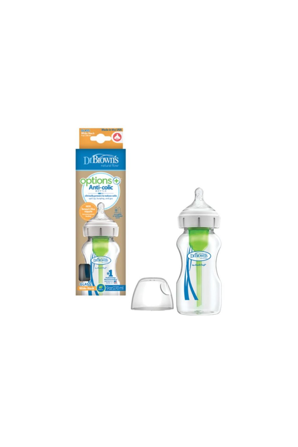 Sticla pentru bebe Dr. Brown’s Options+ din sticlă cu gât larg 270ml