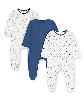 Mothercare Blue Bunny And Bear Sleepsuits - 3 Pack