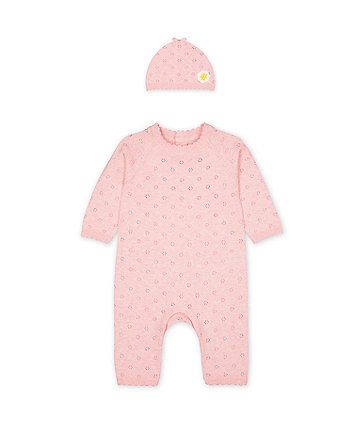 Mothercare Pink Pointelle Knit All In One And Hat Set