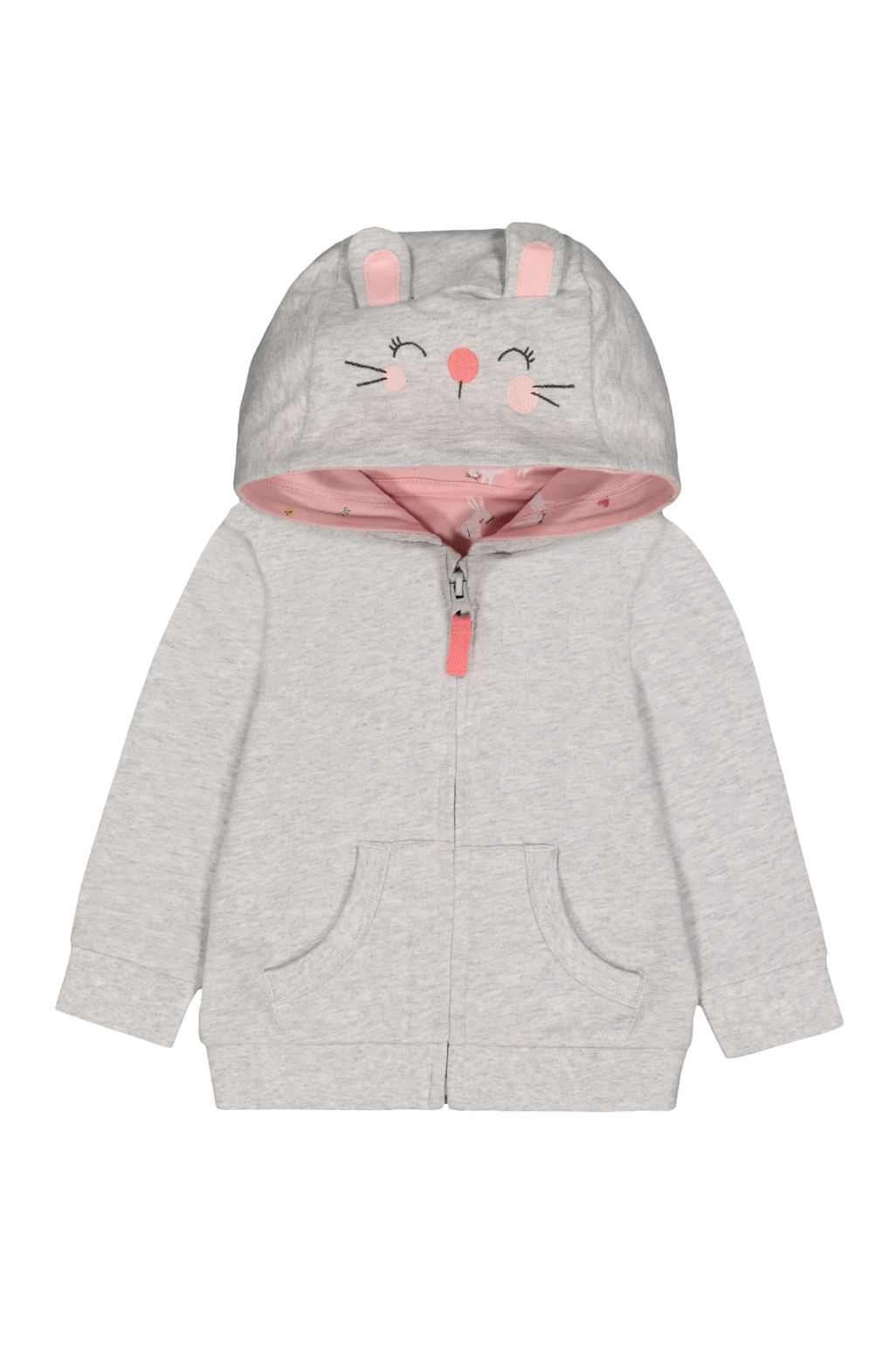 Hanorac cu glugă gri în formă de iepuraș, cu fermoar și urechi