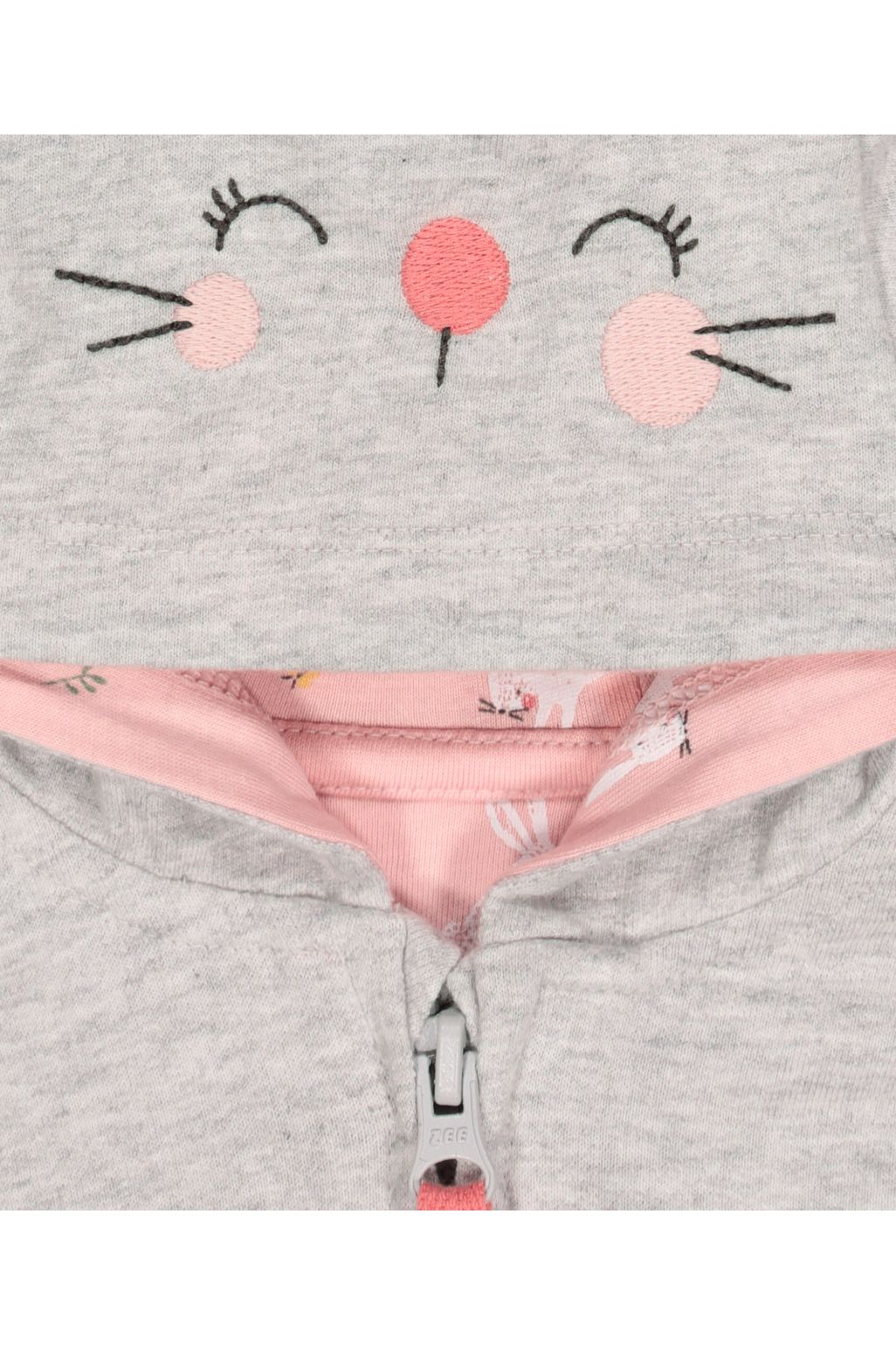 Hanorac cu glugă gri în formă de iepuraș, cu fermoar și urechi