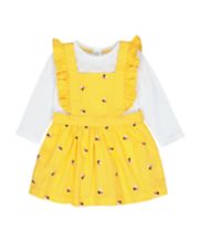 Mothercare Mustard Embroidered Floral Pinny Dress And White T-Shirt Set