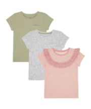 Mothercare Frill, Floral And Khaki T-Shirts - 3 Pack
