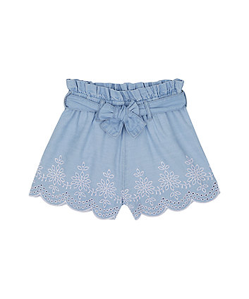 Mothercare Chambray Paperbag Shorts With Embroidered Hem