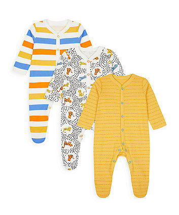 Mothercare Leopard, Stripe And Mustard Sleepsuits - 3 Pack
