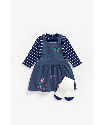 Mothercare Embroidered Pinny Dress, Bodysuit And Tights Set