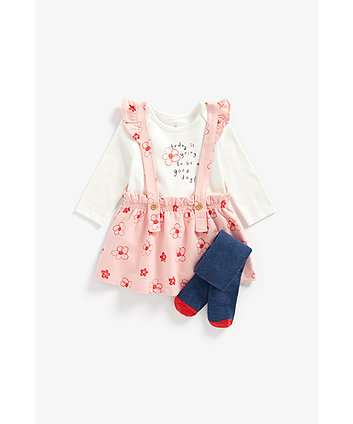Mothercare Good Day Pink Pinny Dress, Bodysuit And Tights Set