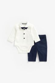 Mothercare Blue Trousers, Shirt Bodysuit And Bow Tie Set